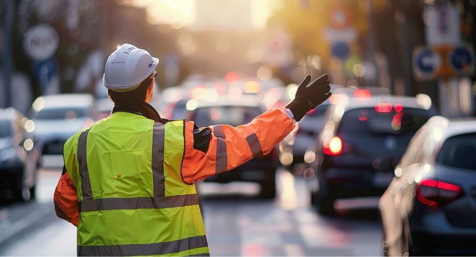 道路で交通誘導をする隊員